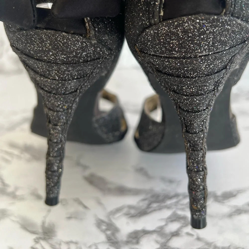 Steve Madden Luxe Craze Sandals Black Bow Ankle Strap Glitter 7.5 Cocktail
